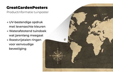 Gartenposter - 90x60 cm - Weltkarte - Kompassrose - Vintage (Gr. 90x60 cm)