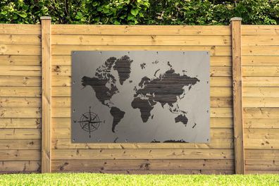 Gartenposter - 180x120 cm - Weltkarte - Holz - Kompassrose (Gr. 180x120 cm)