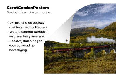 Gartenposter - 180x120 cm - Eine rote Dampflokomotive überquert einen Fluss
