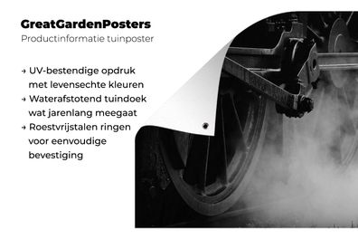 Gartenposter - 180x120 cm - Die Räder einer Dampflokomotive in Schwarz und Weiß