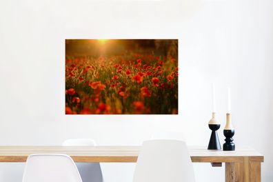Glasbilder - 90x60 cm - Orangefarbenes Leuchten über den Mohnblumen auf dem Feld