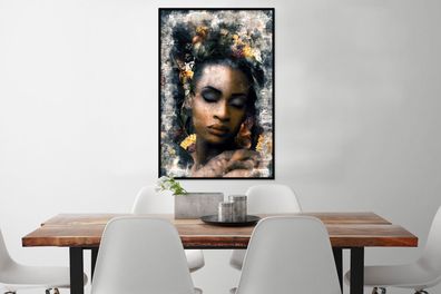 Poster - 80x120 cm - Frau - Rauch - Blumen (Gr. 80x120 cm)