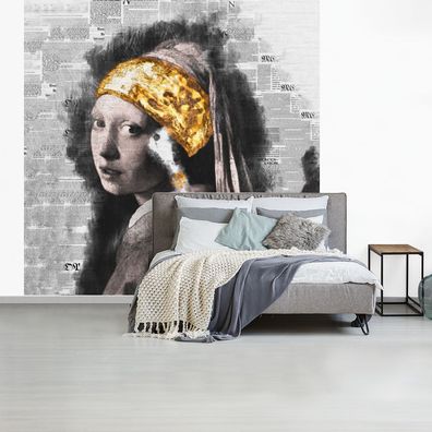 Fototapete - 260x260 cm - Das Mädchen mit dem Perlenohrring - Vermeer - Gold