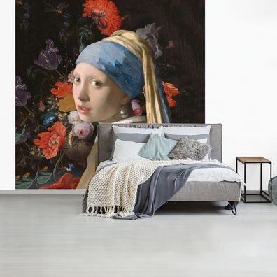 Fototapete - 350x350 cm - Das Mädchen mit dem Perlenohrring - Vermeer - Blumen