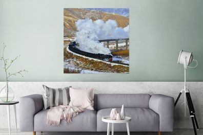 Glasbilder - 90x90 cm - Dampflokomotive in einer verschneiten Landschaft