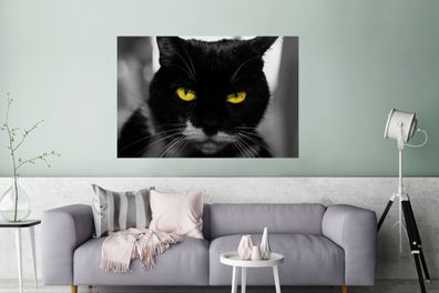Glasbilder - 120x80 cm - Schwarz-Weiß-Foto des Kopfes einer schwarzen Katze mit gelbe