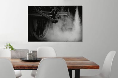 Leinwandbilder - 90x60 cm - Die Räder einer Dampflokomotive in Schwarz und Weiß