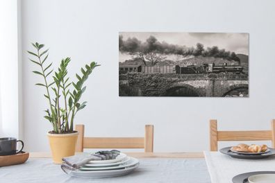 Leinwandbilder - 80x40 cm - Schwarz-weiße Illustration einer Dampflokomotive