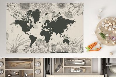 Herdabdeckplatte - 80x52 cm - Weltkarte - Blumen - Grau