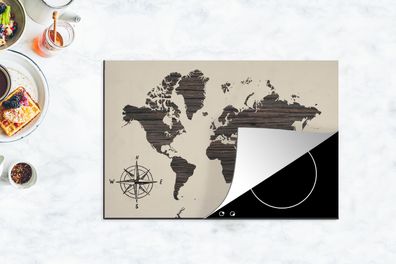 Herdabdeckplatte - 78x52 cm - Weltkarte - Holz - Kompassrose