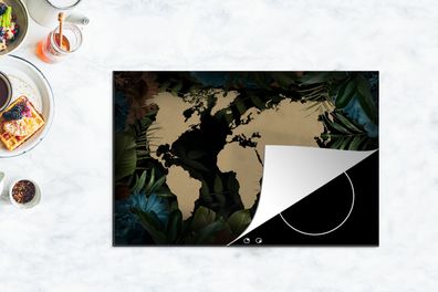 Herdabdeckplatte - 80x52 cm - Weltkarte - Tropische Pflanzen - Blätter