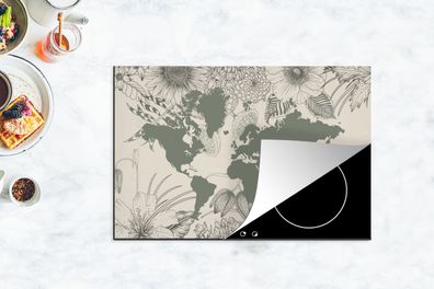 Herdabdeckplatte - 78x52 cm - Weltkarte - Grau - Blumen