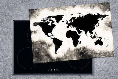 Herdabdeckplatte - 78x52 cm - Weltkarte - Schwarz - Weiß - Holz