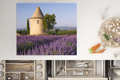 Herdabdeckplatte - 75x52 cm - Runder Turm auf einem Lavendelfeld in Frankreich
