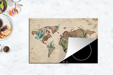 Herdabdeckplatte - 80x52 cm - Weltkarte - Retro - Pflanzen