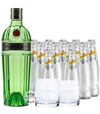 Tanqueray No. 10 Gin & 11 x Schweppes Dry Tonic & Gläser (47,3 % Vol., 2,9 Liter) (47