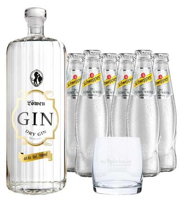 Löwen Dry Gin & 6 x Schweppes Dry Tonic Water & Glas (, 1,9 Liter) (40 % Vol., hide)