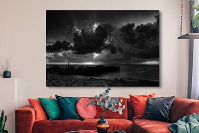 Leinwandbilder - 150x100 cm - Sonnenuntergang mit Wolken, Isla Mujeres - Schwarz und