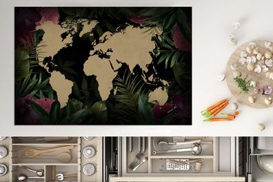 Herdabdeckplatte - 78x52 cm - Weltkarte - Blätter - Dschungel