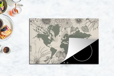 Herdabdeckplatte - 80x52 cm - Weltkarte - Grau - Blumen