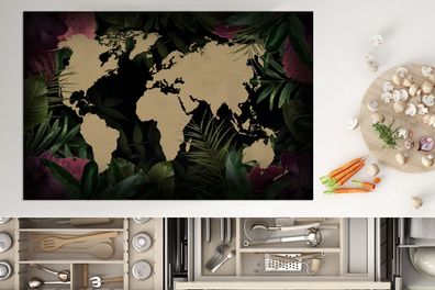 Herdabdeckplatte - 80x52 cm - Weltkarte - Blätter - Dschungel
