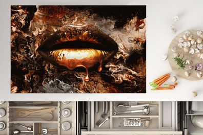 Herdabdeckplatte - 80x52 cm - Gold - Lippen - Rauch