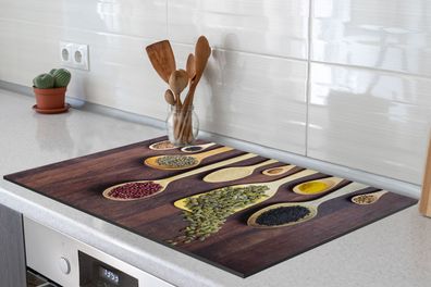 Herdabdeckplatte - 78x52 cm - Verschiedene Kräuter auf Löffeln