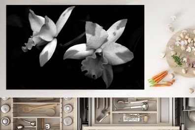 Herdabdeckplatte - 85x52 cm - Zwei Orchideenblüten - schwarz und weiß