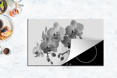 Herdabdeckplatte - 90x52 cm - Orchideen auf grauem Hintergrund - schwarz und weiß