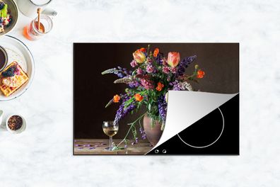 Herdabdeckplatte - 78x52 cm - Stillleben - Wein - Blumen