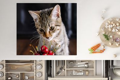 Herdabdeckplatte - 75x52 cm - Katze - Becher - Kirsche