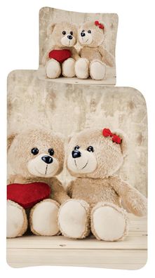 Baby Kinder Bettwäsche Teddybär Pärchen mit Herz, Cremefarben, Bettdecke 100x140