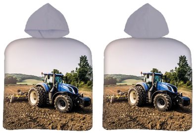 Traktor Kinder Badeponcho mit Kapuze Blau auf dem Feld Landwirtschaft Trecker Er