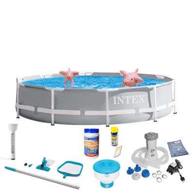 INTEX 26702GN - PrismFrame Pool (305x76cm) + Zubehör Reinigungsset Thermometer