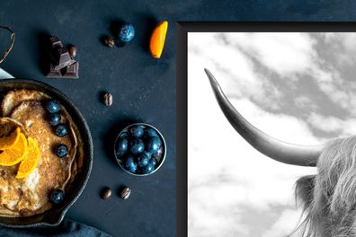 Herdabdeckplatte - 65x52 cm - Schottischer Highlander mit weißen Wolken - schwarz und