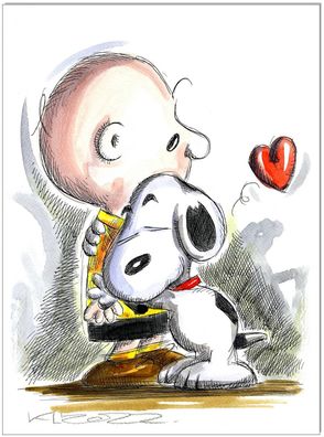 Klausewitz: Original Feder und Aquarell : Peanuts Charlie & Snoopy / 24x32 cm