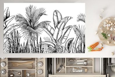 Herdabdeckplatte - 90x52 cm - Blätter - Illustration - Schwarz - Weiß