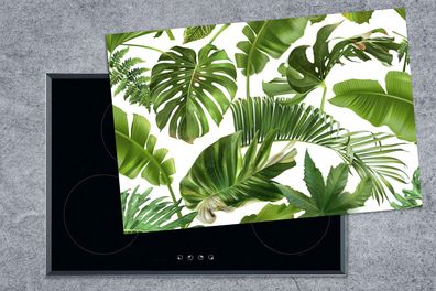 Herdabdeckplatte - 78x52 cm - Blätter - Weiß - Muster