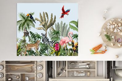 Herdabdeckplatte - 75x52 cm - Dschungel - Flamingo - Affe