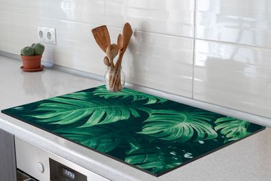 Herdabdeckplatte - 80x52 cm - Monstera - Weiß - Muster