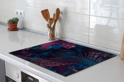 Herdabdeckplatte - 75x52 cm - Dschungel - Blätter - Blau - Rosa