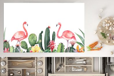 Herdabdeckplatte - 85x52 cm - Pflanzen - Flamingo - Aquarell