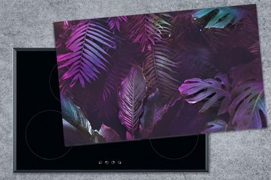 Herdabdeckplatte - 90x52 cm - Dschungel - Blätter - Lila - Grün