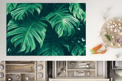 Herdabdeckplatte - 78x52 cm - Monstera - Weiß - Muster