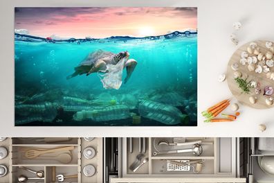 Herdabdeckplatte - 80x52 cm - Schildkröte - Meer - Sonne