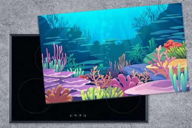 Herdabdeckplatte - 90x52 cm - Meer - Korallen - Unterwasserwelt - Illustration