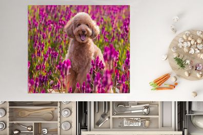 Herdabdeckplatte - 75x52 cm - Hund - Blumen - Lavendel - Frühling