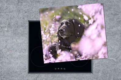 Herdabdeckplatte - 75x52 cm - Hund - Blumen - Haustier