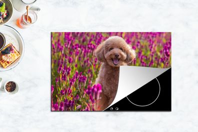 Herdabdeckplatte - 80x52 cm - Hund - Blumen - Lavendel - Frühling
