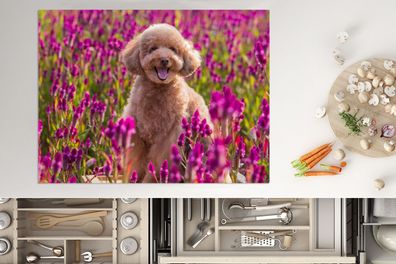 Herdabdeckplatte - 70x52 cm - Hund - Blumen - Lavendel - Frühling